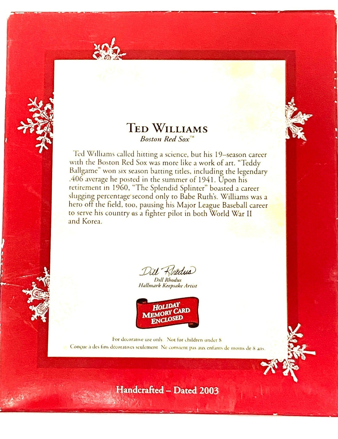 Ted Williams 2003 Boston Red Sox Used Keepsake Ornament