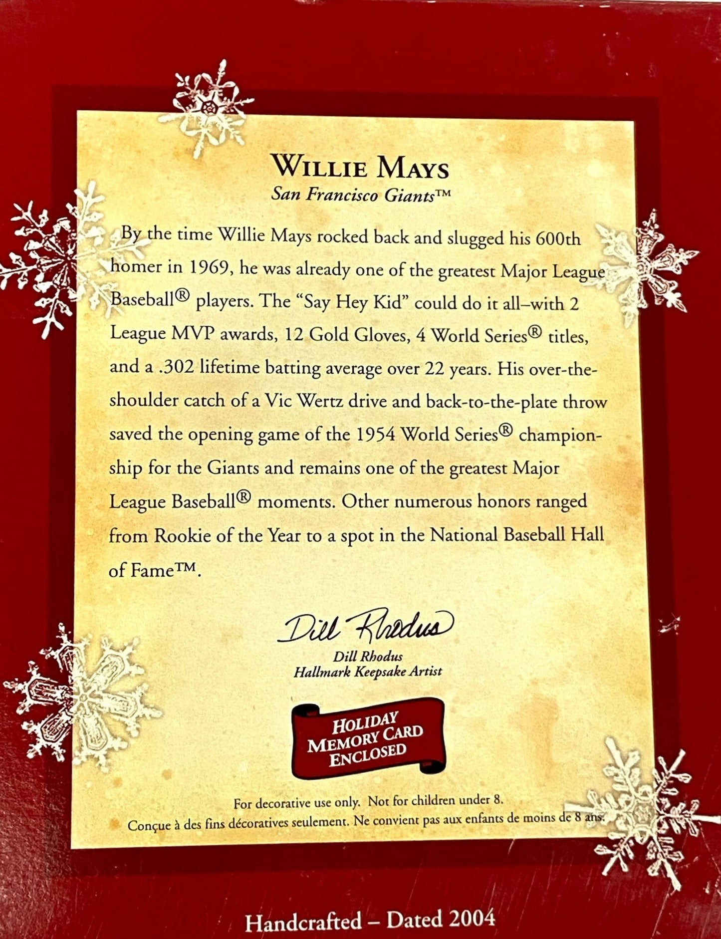 Willie Mays 2004 MLB San Francisco Giants Used Keepsake Ornament