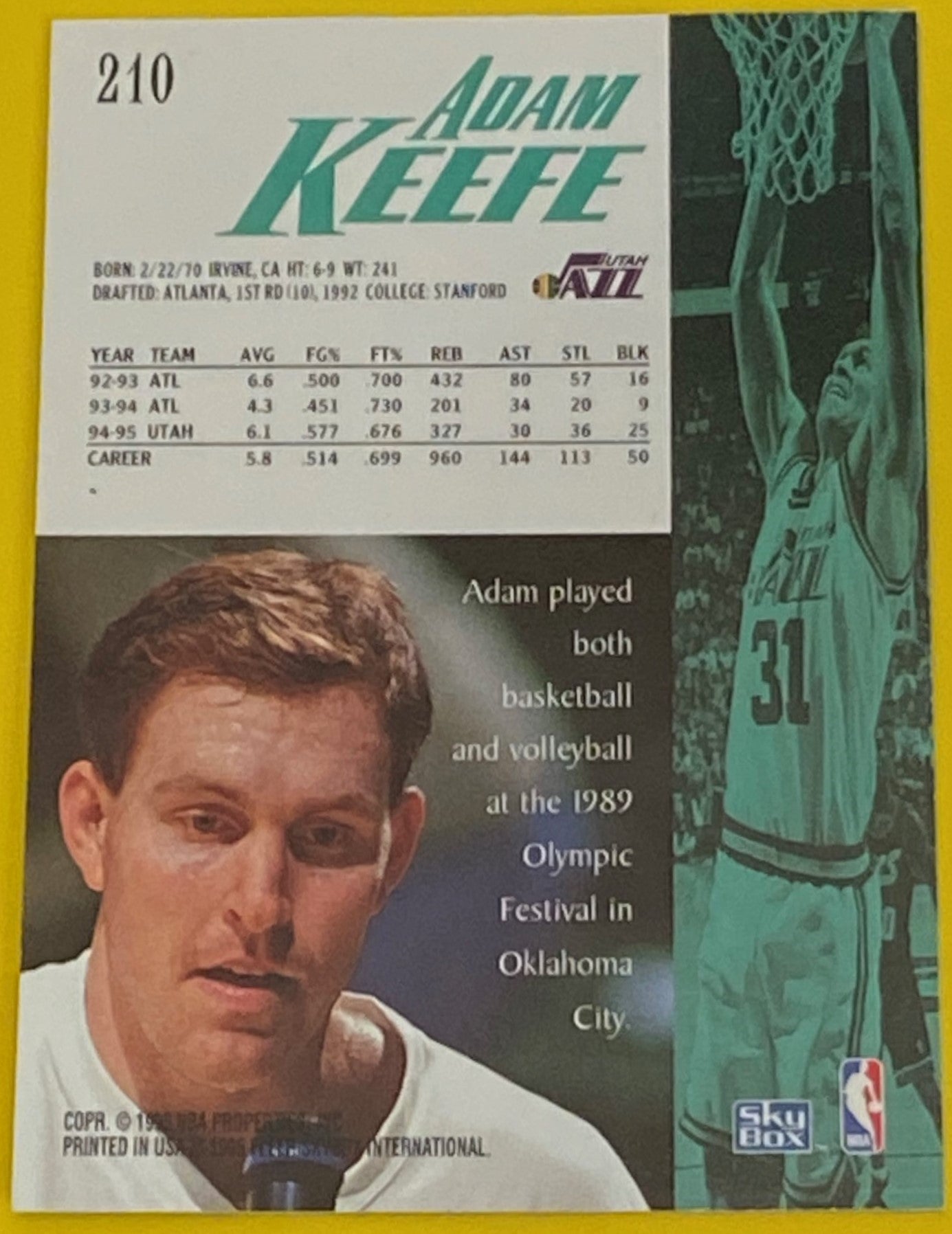 Adam Keefe 1995-96 NBA Skybox Premium Base Set #210 Utah Jazz