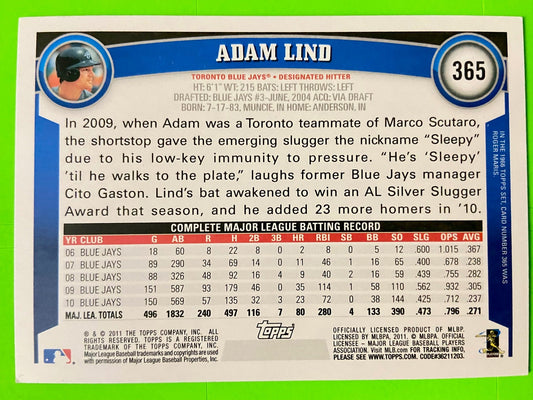 Adam Lind #365 MLB Base Set 2011 Toronto Blue Jays by Topps Co.