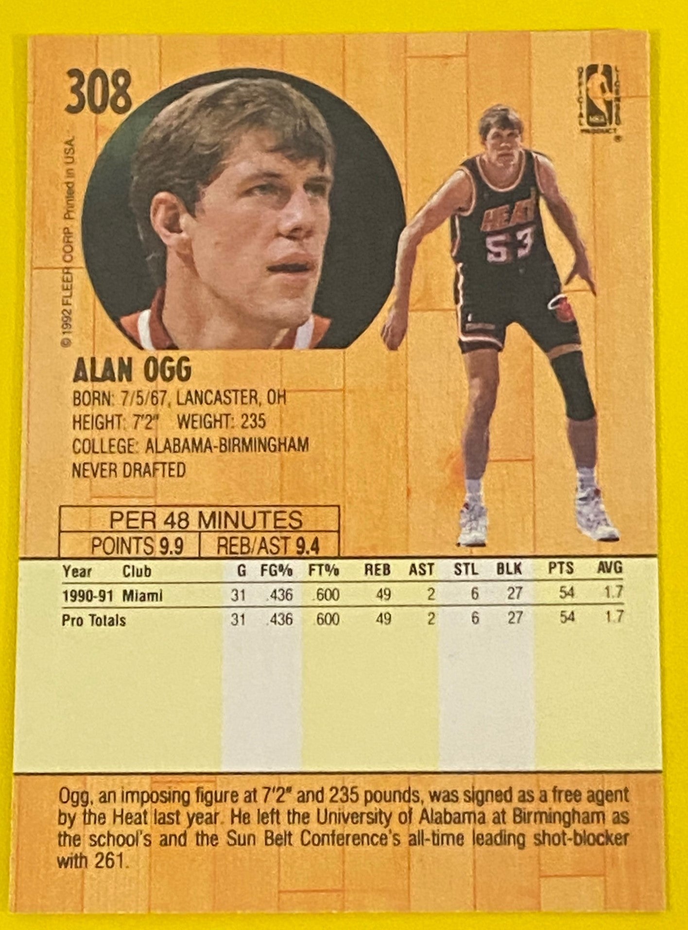 Alan Ogg RC 1991-92 NBA #308 Miami Heat by Fleer Corp.