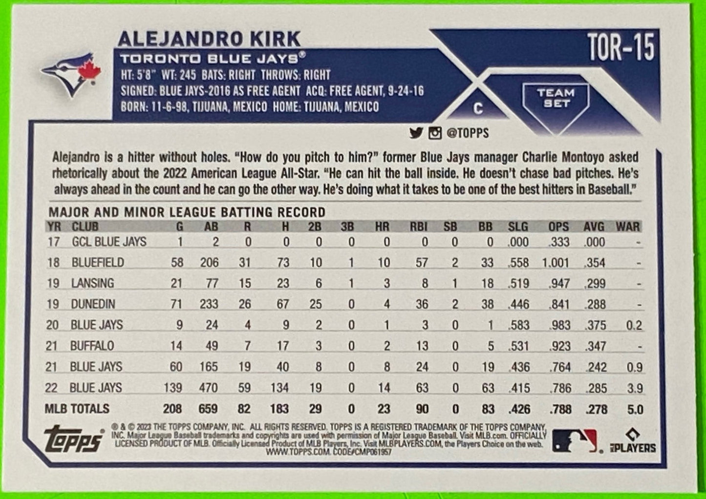 Alejandro Kirk 2023 Topps Toronto Blue Jays Team Set MLB #TOR-15
