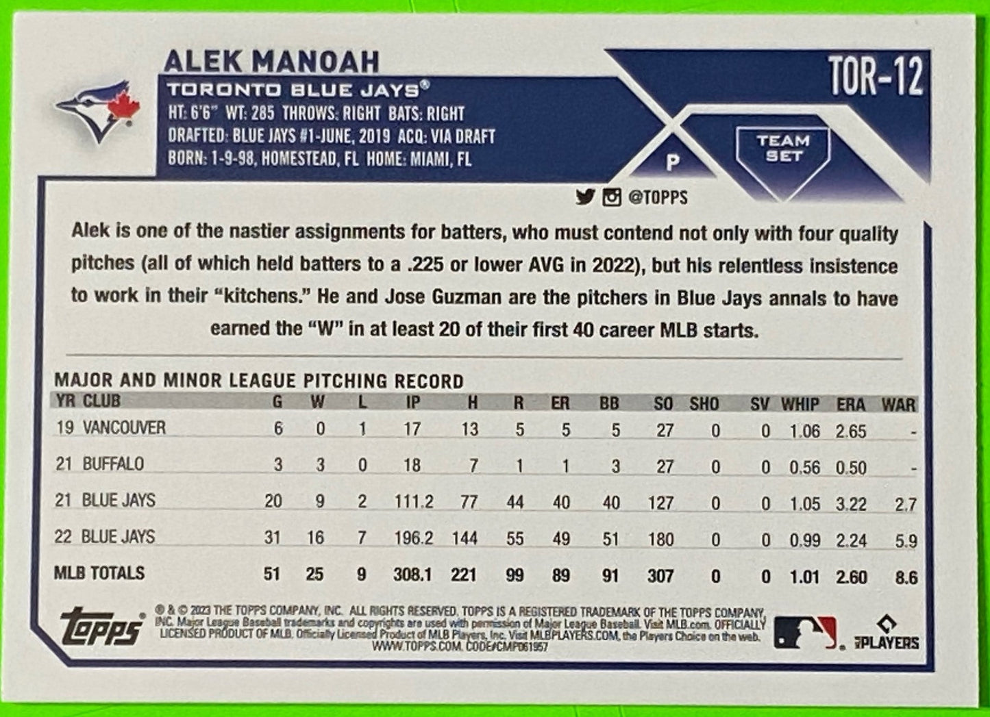 Alek Manoah 2023 Toronto Blue Jays Team Set MLB #TOR-12