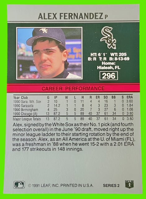 Alex Fernandez (RC) #296 MLB Base Set 1991 Chicago White Sox by Leaf, Inc.