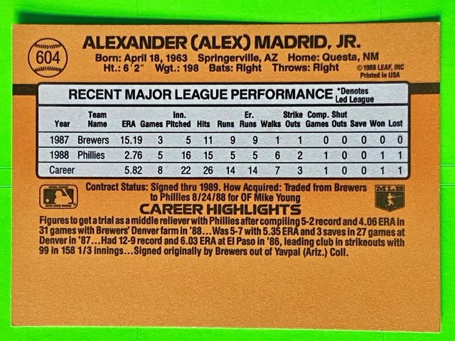 Alex Madrid (RC)(DP) #604C MLB Donruss Base Set 1989 Philadelphia Phillies by Leaf