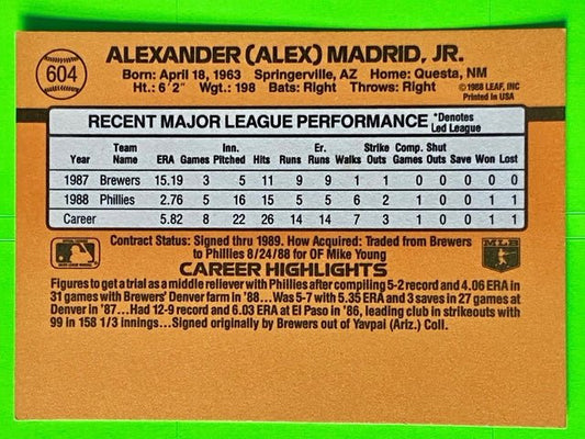 Alex Madrid (RC)(DP) #604C MLB Donruss Base Set 1989 Philadelphia Phillies by Leaf