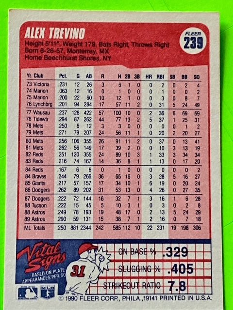 Alex Trevino #239A MLB Base Set 1990 Houston Astros by Fleer Corp.