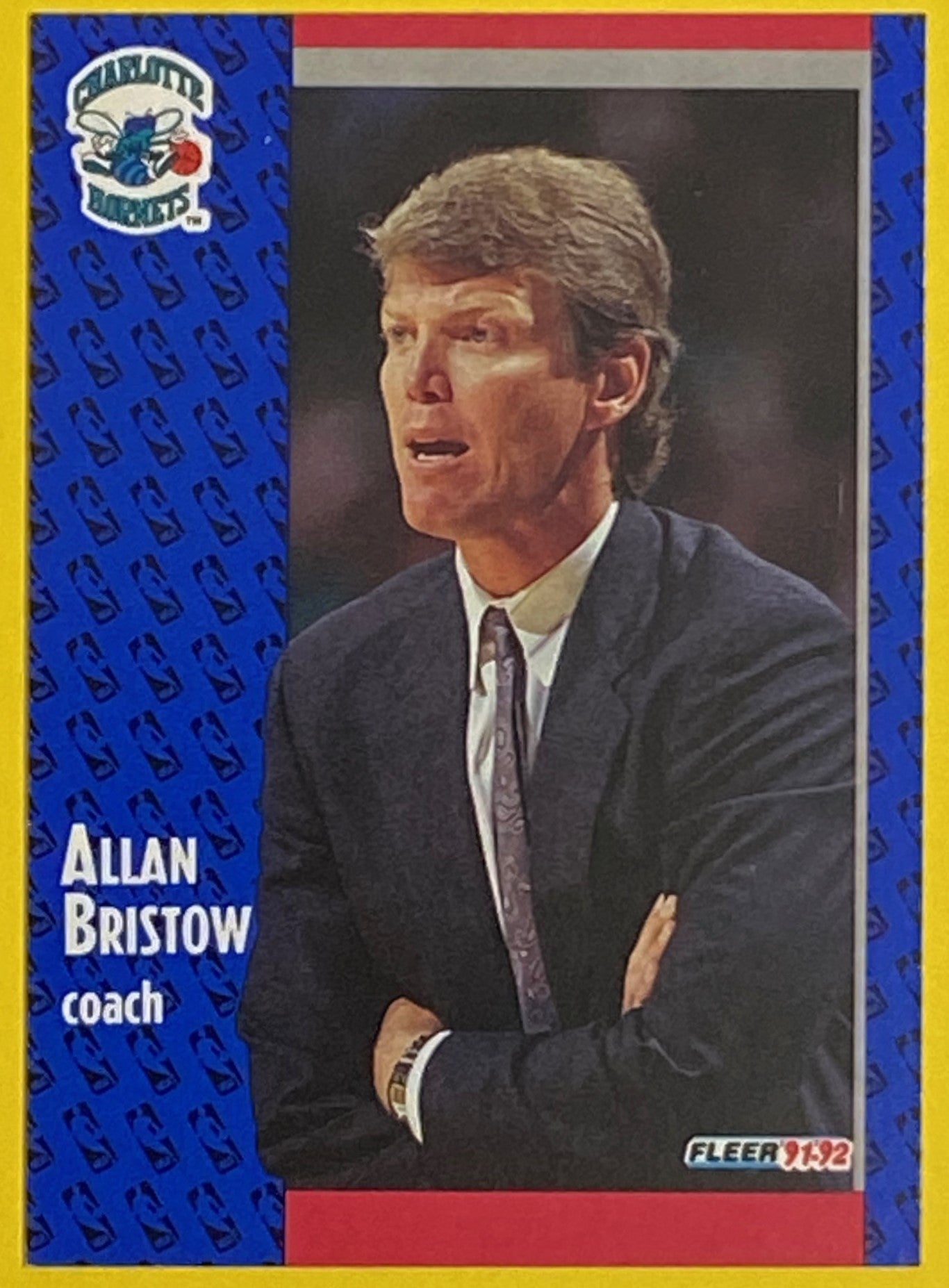 A collectible sports card featuring Allan Bristow, coach of the Charlotte Hornets, from the 1991-92 NBA season by Fleer Corp.