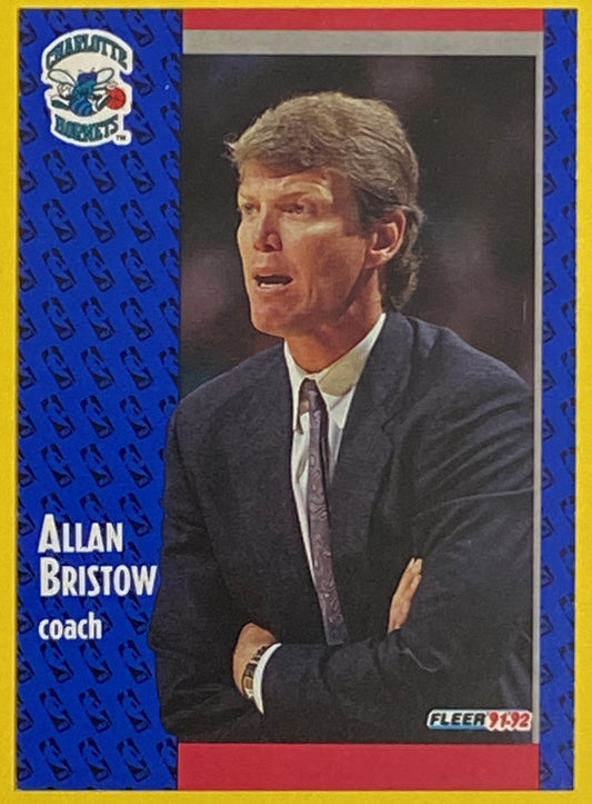 A collectible sports card featuring Allan Bristow, coach of the Charlotte Hornets, from the 1991-92 NBA season by Fleer Corp.