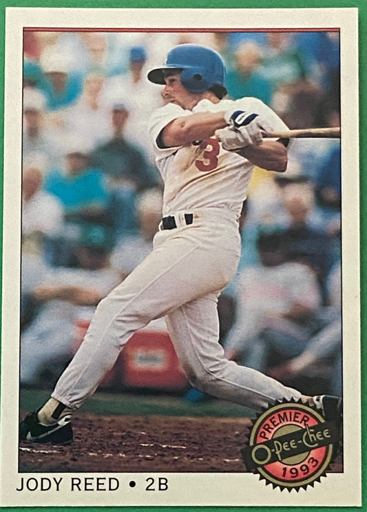 A collectible baseball card featuring Jody Reed of the Los Angeles Dodgers from the 1993 O-Pee-Chee Premier card set.