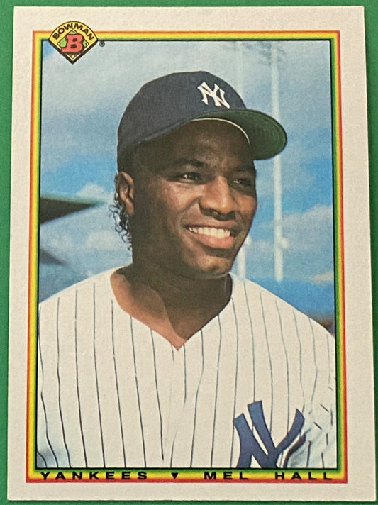 A collectible baseball card featuring Mel Hall of the New York Yankees from the 1990 Bowman set.