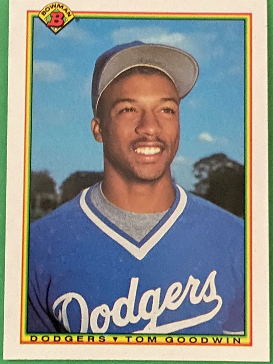 A collectible baseball card featuring Tom Goodwin of the Los Angeles Dodgers from the 1990 Bowman set.