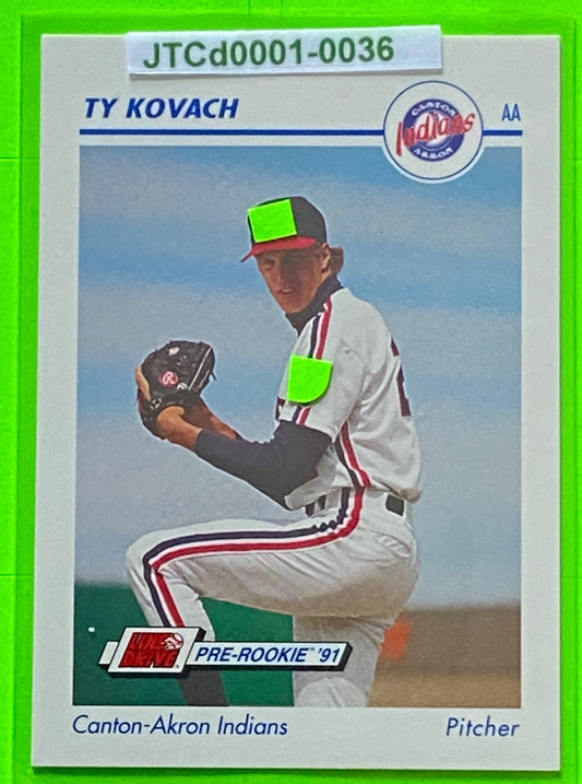 A collectible baseball card featuring Ty Kovach of the Canton-Akron Indians, number 85 from the 1991 Line Drive Pre-Rookie set.